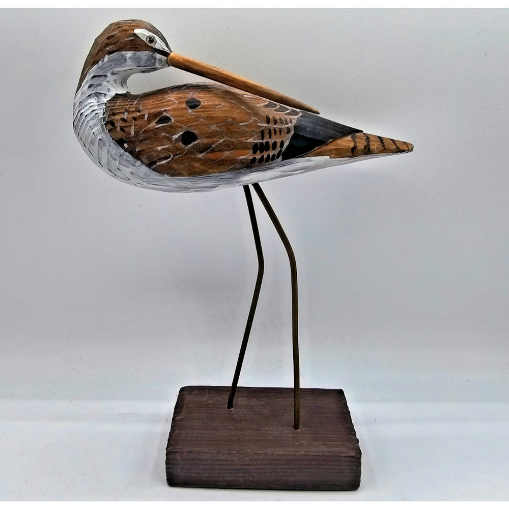 Hand-carved and hand-painted wood shorebird decoy sculpture